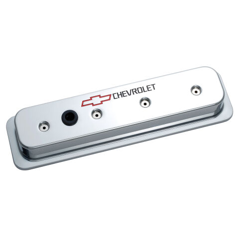 Engine Valve Covers; Center Bolt Style; Die Cast; Chrome w/Bowtie Logo; SB&nbsp;Chevy