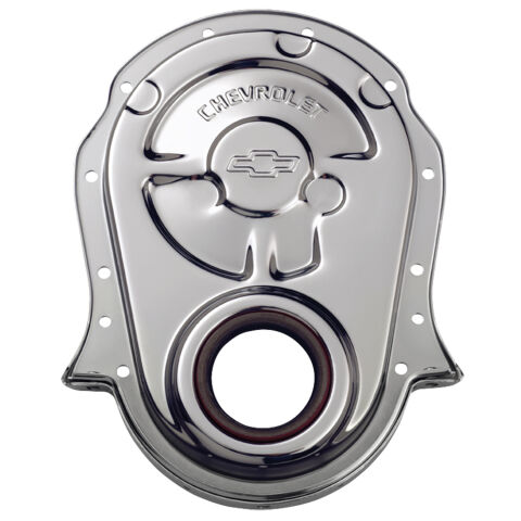 Engine Timing Chain Cover; Chrome; Steel; w/ Chevy and Bowtie Logo; For BB&nbsp;Chevy