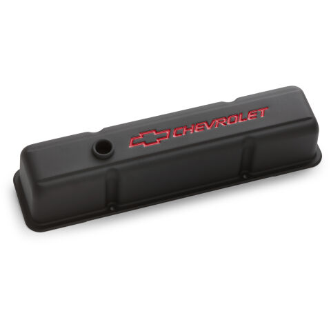 Engine Valve Covers; Stamped Steel; Tall; Black; w/ Bowtie Logo; Fits SB&nbsp;Chevy