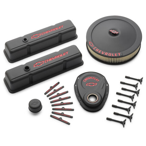 Engine Dress-Up Kit; Black Crinkle Finish; Red Bowtie; Red Letters; For SB&nbsp;Chevy