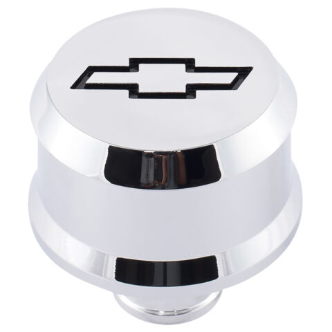 Slant-Edge Aluminum Breather Cap; Recessed Black Bowtie Emblem; Push-In;&nbsp;Chrome