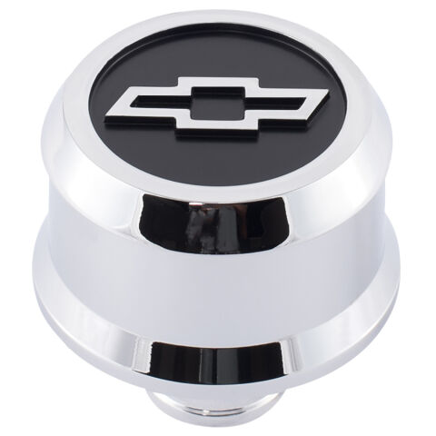 Slant-Edge Aluminum Breather Cap; Blackfield Bowtie Emblem; Push-In;&nbsp;Chrome