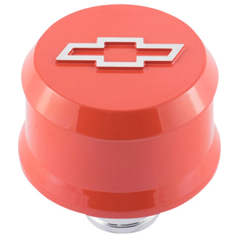 Slant-Edge Aluminum Breather Cap; Raised Bowtie Emblem; Push-In; Chevy Orange