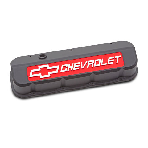 Engine Valve Covers; Tall; Die-Cast; BB Chevy; Blk Crinkle w/Redfield Chevy Logo