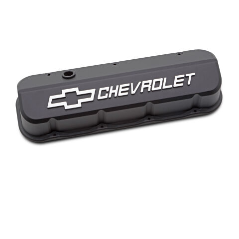 Engine Valve Covers; Tall; Die-Cast; BB Chevy; Black Crinkle w Raised Chevy&nbsp;Logo