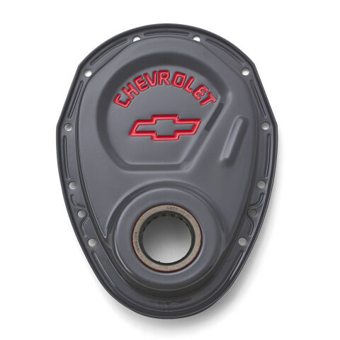 Timing Chain Cover; Shark Gray; Steel; With Chevy Bowtie Logo; SBC Chevy&nbsp;69-91
