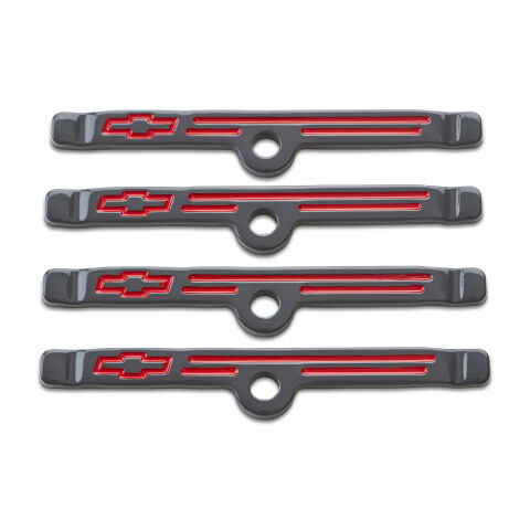 Engine Valve Cover Holdown Clamps; Shark Gray w/Bowtie Emblem; SBC Gen 1; 4&nbsp;Pcs