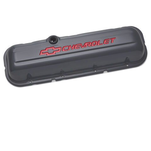 Engine Valve Covers; Stamped Steel; Stock; Shark Gray; w/ Bowtie Logo; BB&nbsp;Chevy