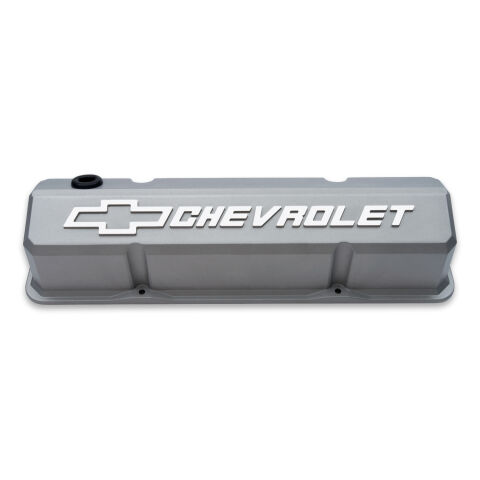 Valve Covers; Slant-Edge Tall; Die Cast; Gray w/Raised Bowtie Logo; For SB&nbsp;Chevy