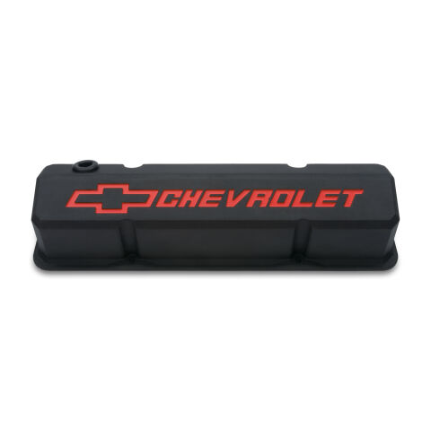 Valve Covers; Slant-Edge Tall; Die Cast; Black w/Recessed Bowtie Logo; SB Chevy