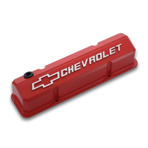 Valve Covers; Slant-Edge Tall; Die Cast; Red w/ Raised Bowtie Logo; SB Chevy